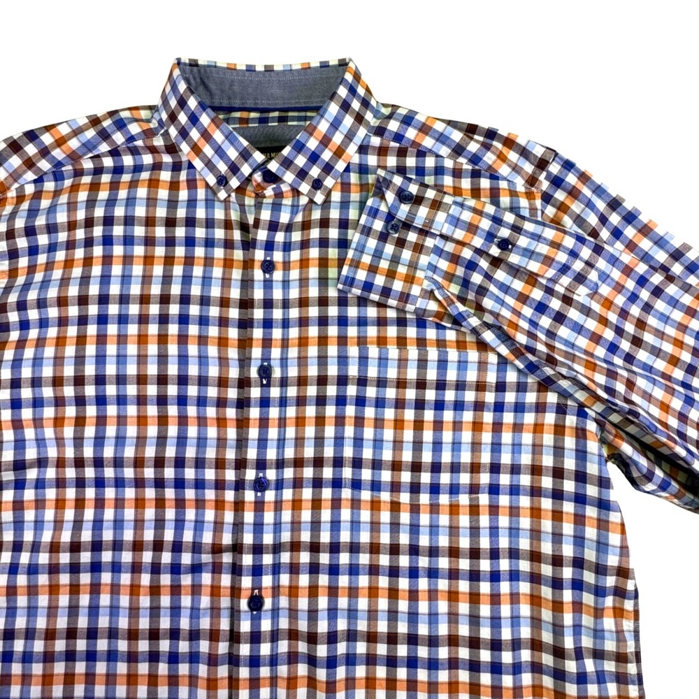Johnston & Murphy‎ Button Down Shirt Men's Large Plaid Blue Orange Brown Gingham